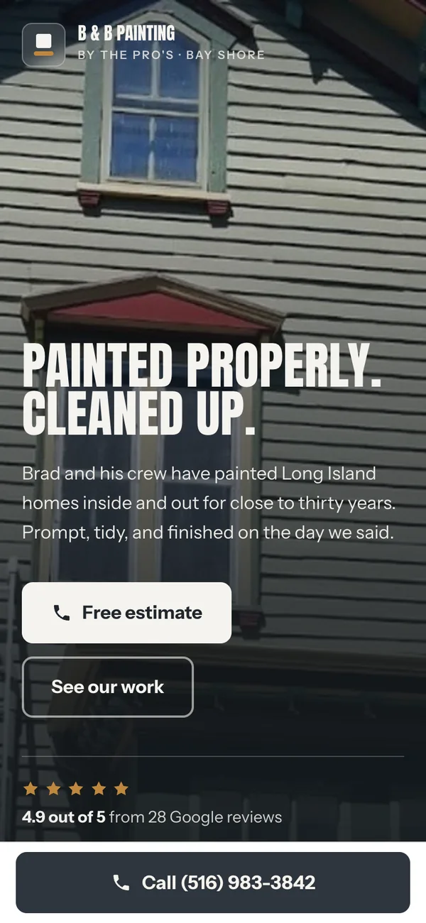 B and B Painting mobile homepage - full-bleed photo of a house mid-repaint with a tap-to-call number