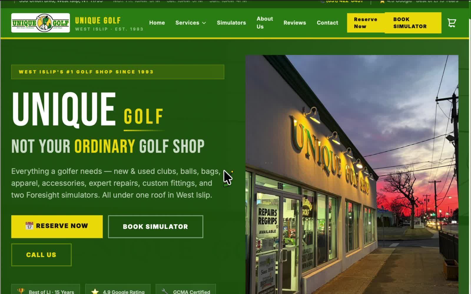 Unique Golf Shop homepage — dark green storefront design with reservation and simulator booking buttons